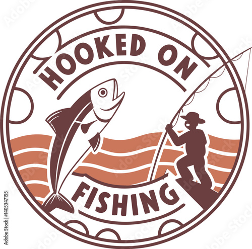 Black and white logo, circular design, bold typography, "HOOKED ON FISHING" text, silhouette of jumping fish, wavy water line, minimalist graphic, fishing theme, vector illustration, high contrast, ro