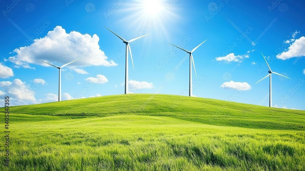 Tall wind turbines standing on lush green fields with clear blue sky in the background, renewable energy concept with bright natural light and environmental sustainability. Tall wind turbines standing on lush green fields with clear blue sky in the background, renewable energy concept with bright natural light and environmental sustainability.