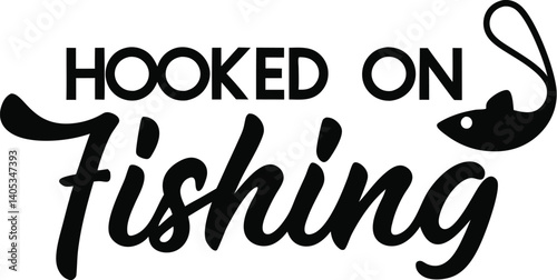 Black and white logo, circular design, bold typography, "HOOKED ON FISHING" text, silhouette of jumping fish, wavy water line, minimalist graphic, fishing theme, vector illustration, high contrast, ro
