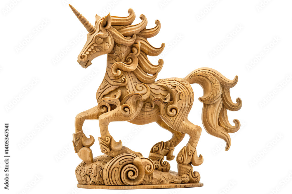 Fototapeta premium A detailed, wooden unicorn statue with intricate carvings stands dynamically against a transparent background