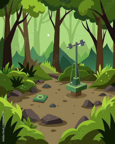 Where once the forest floor was covered in a rich diverse carpet of moss and shrubs it is now barren and compacted under the weight of heavy machinery.. Vector illustration