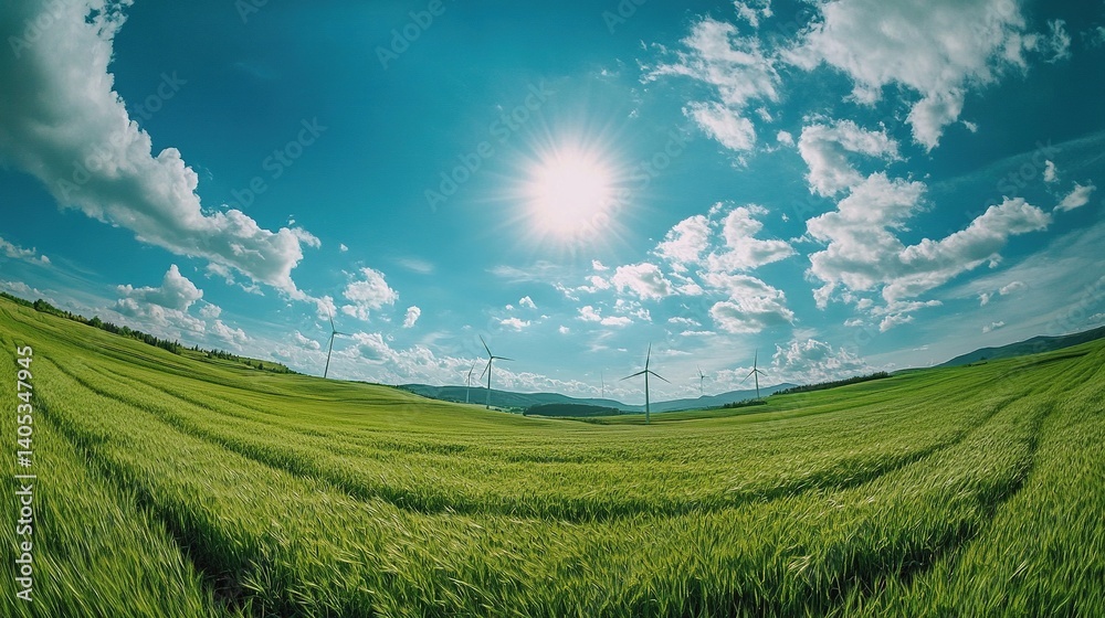 Fototapeta premium Tall wind turbines standing on lush green fields with clear blue sky in the background, renewable energy concept with bright natural light and environmental sustainability.