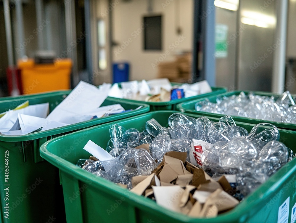 Paper, plastic and glass are neatly arranged in recycling bins. The clean urban environment advocates an environmentally friendly lifestyle and sustainable waste management. Paper, plastic and glass are neatly arranged in recycling bins. The clean urban environment advocates an environmentally friendly lifestyle and sustainable waste management.