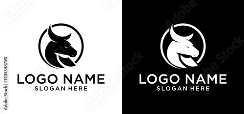 Bull logo illustration vector. Bull Head Logo Illustration Design. Bull head mascot logo with circle. Bull horn vector with protective circle.