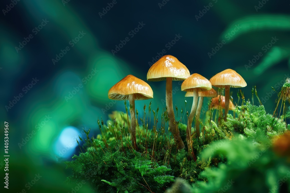 Fototapeta premium Shiny orange mushrooms growing on green moss in natural forest scene.Natural Harmony Scene.