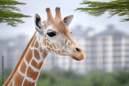 A beautiful giraffe portrait with lush Nairobi forest in the background