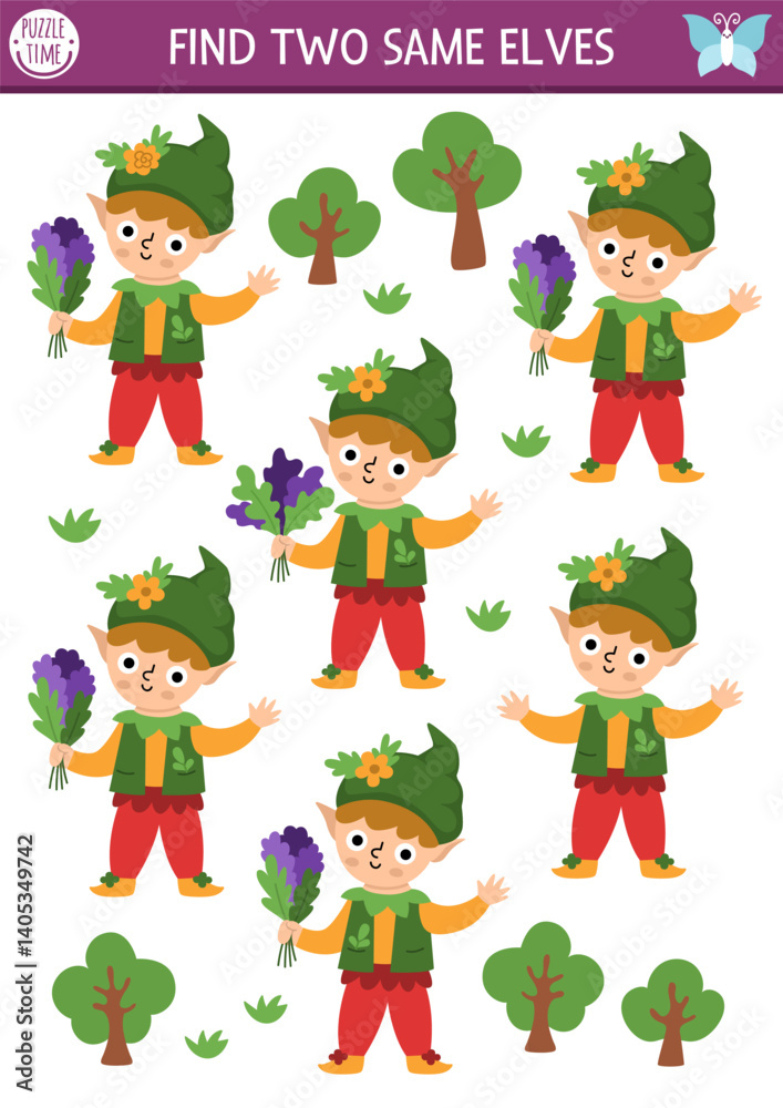 Fototapeta premium Find two same elves. Fairyland matching activity for children. Magic garden, forest, fairy educational quiz worksheet for kids with cute woodland boy or dwarf. Simple printable game