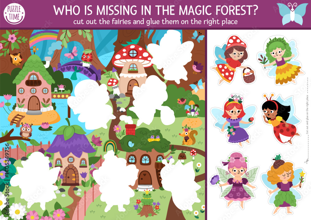 Naklejka premium Vector woodland fairy cut and glue activity. Crafting game with cute fairyland or magic forest landscape. Fun printable worksheet for children. Find the right piece of the puzzle. Complete the picture