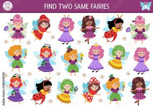 Find two same woodland fairies. Fairyland matching activity for children. Magic garden or forest educational quiz worksheet for kids for attention skills. Simple printable game with cute girls