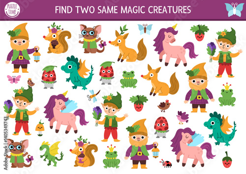 Find two same magic creatures. Fairyland matching activity for children. Magic garden, forest, fairy educational quiz worksheet for kids with dragon, dwarf, elf, animals. Simple printable game
