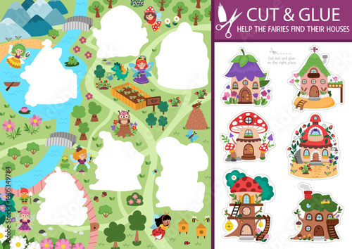 Vector woodland fairy cut and glue activity with missing houses. Crafting game with cute fairyland map or magic forest landscape. Fun printable worksheet. Find right piece of puzzle. Complete picture