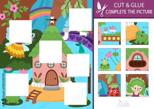 Vector fairyland cut and glue activity. Woodland fairy crafting game with magic forest landscape, house, marsh. Fill up the scene with square sticker. Find the right piece of puzzle. Complete picture