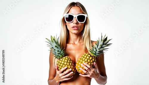 young woman in white glasses holding two pineapples