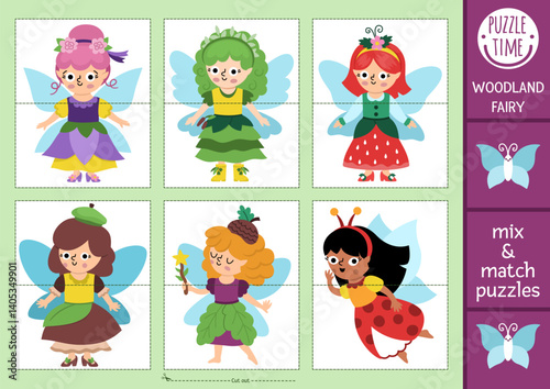 Vector fairyland mix and match puzzle with cute fairies in beautiful dresses. Matching woodland fairytale activity for preschool kids. Educational printable game with magic or fantasy girls