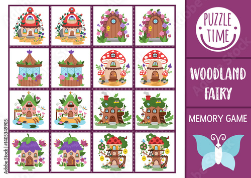 Vector fairyland memory game cards with cute fairy houses. Woodland homes matching activity. Remember and find correct card. Simple printable worksheet for kids with forest cottages