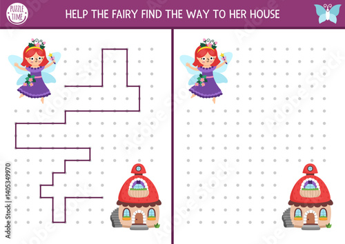 Fairyland drawing, writing, tracing, space orientation activity for kids with berry fairy searching house. Draw line in box according example. Preschool woodland printable game, puzzle