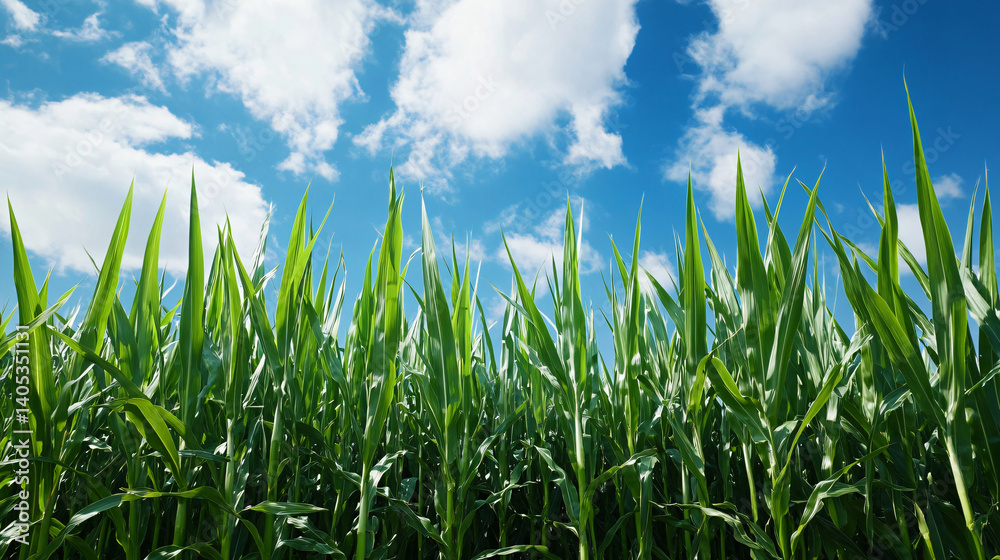 Obraz premium A Vibrant Symphony of Green A Majestic View of a Cornfield Under a Sky Adorned with Puffy White