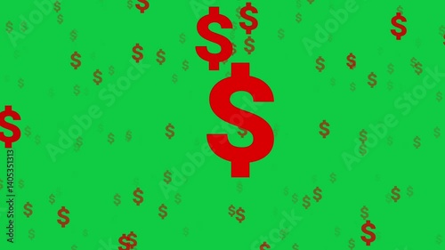 Red Dollar signs symbol Falling down animation on green screen background, Rain of USD Symbols icon chroma key video