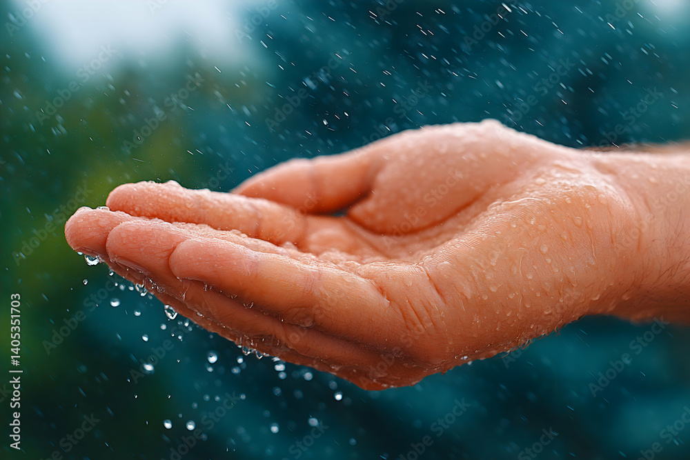 Rain drops falling on a hand outdoors. Generative AI Rain drops falling on a hand outdoors. Generative AI