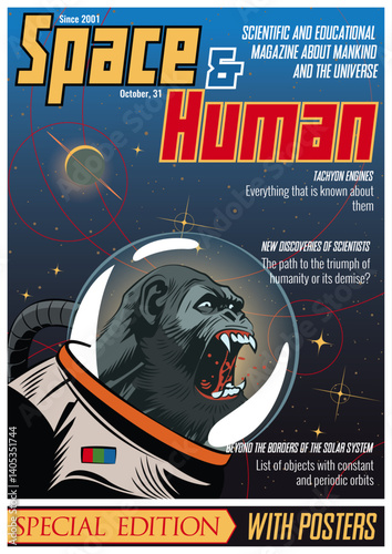 Fake Magazine Cover, Space and Human Special Edition, Vector Template for Posters, Covers, Illustrations