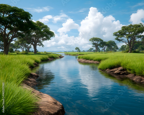 Serene river meandering through lush green savanna under a bright, partly cloudy sky. Generative AI
