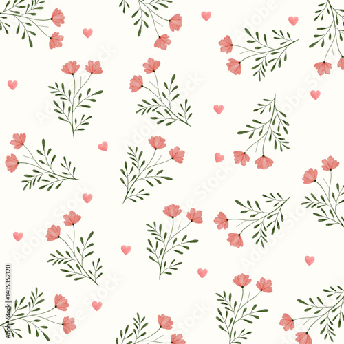 Floral seamless pattern with heart and flower in watercolor on a white background. For clothes, fashion fabrics, home decor, backgrounds, cards and templates, scrapbooking etc.