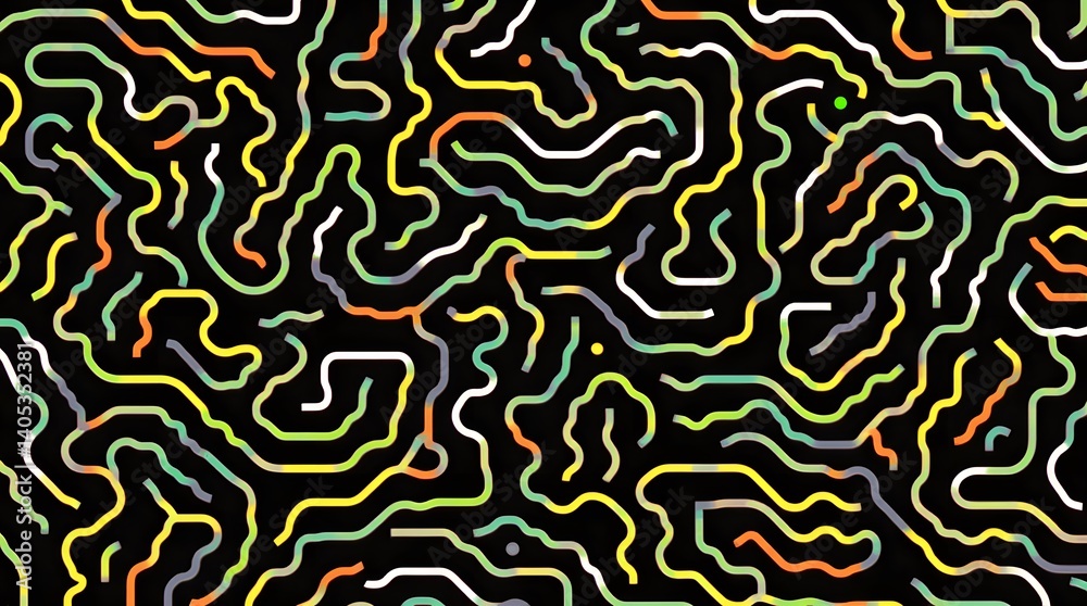 Abstract colorful maze pattern on black. Dynamic, vibrant lines. Best for backgrounds, textures, modern design projects. Abstract colorful maze pattern on black. Dynamic, vibrant lines. Best for backgrounds, textures, modern design projects.