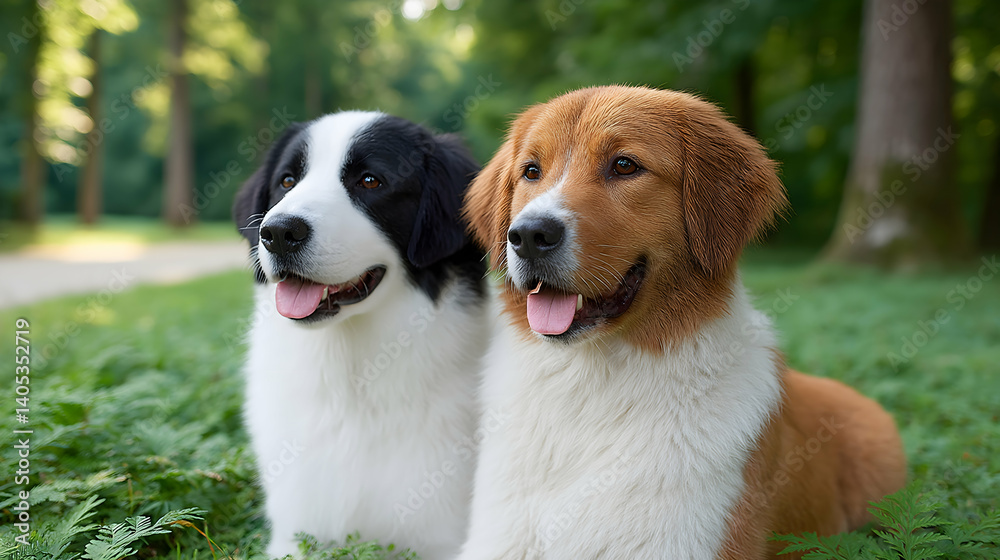 Two happy dogs, one black and white, one reddish-gold, sit side-by-side in lush green grass. Generative AI Two happy dogs, one black and white, one reddish-gold, sit side-by-side in lush green grass. Generative AI