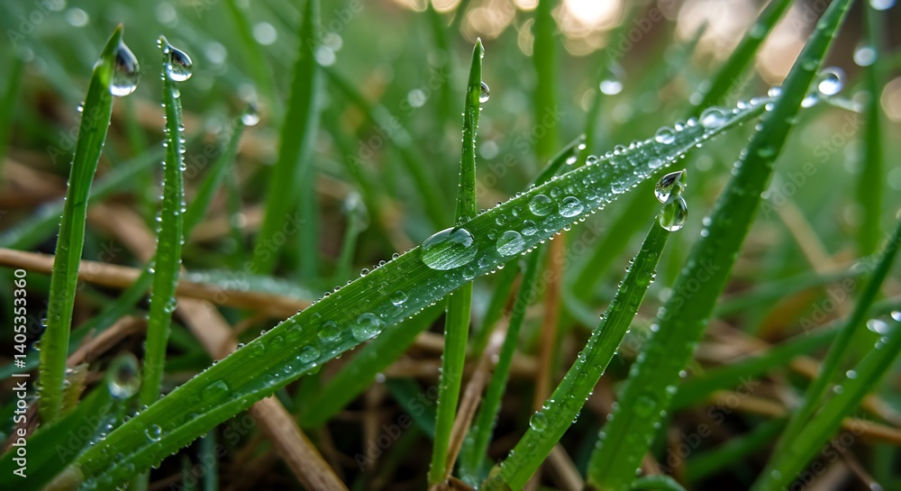 Dew Drops on Green Grass Blades in Morning Light Dew Drops on Green Grass Blades in Morning Light