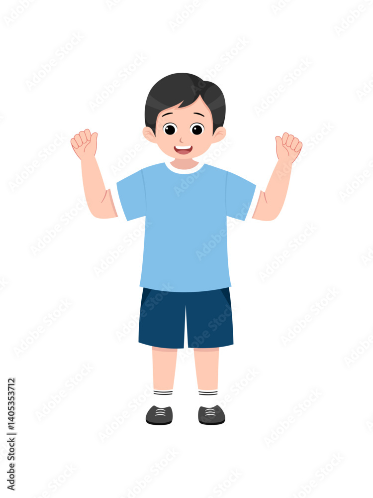 boy making a strong pose with both hands raised boy making a strong pose with both hands raised
