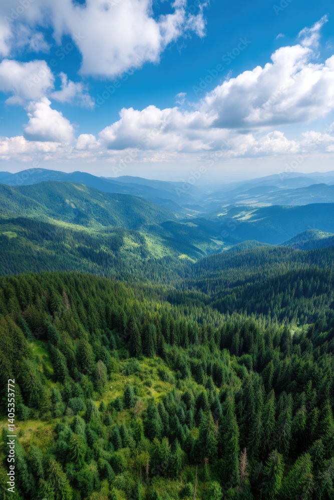 Bird's-eye view of the Carpathian Mountains reveals a lively terrain adorned with lush evergreen forests beneath a bright azure sky. This image captures the spirit of exploration in Ukraine's stunnin Bird's-eye view of the Carpathian Mountains reveals a lively terrain adorned with lush evergreen forests beneath a bright azure sky. This image captures the spirit of exploration in Ukraine's stunnin