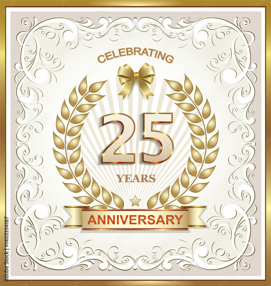 25th Anniversary design template with laurel wreath in golden frame with creative pattern on light background with ribbon for poster, banner, brochure, magazine, booklet, invitation, greeting card. 25th Anniversary design template with laurel wreath in golden frame with creative pattern on light background with ribbon for poster, banner, brochure, magazine, booklet, invitation, greeting card.