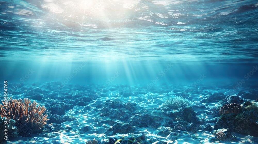 Fototapeta premium Submarine Serenity: Sunbeams Dance on Ocean Floor
