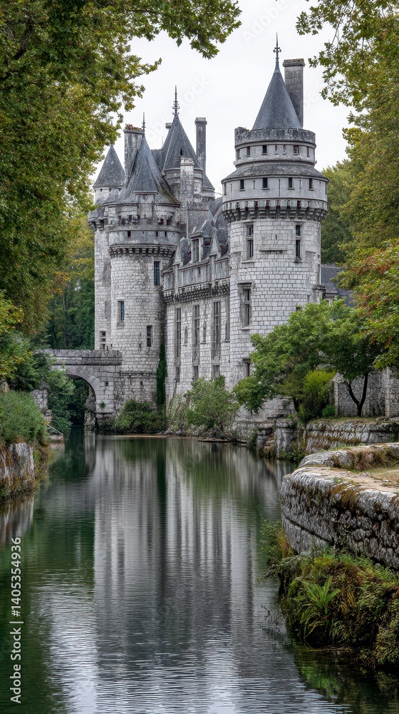 Obraz premium Grey Stone Castle Reflected in Calm Water, Surrounded by Lush Greenery