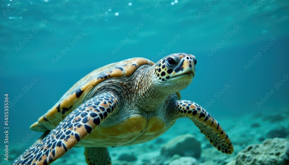 Fototapeta premium Majestic Sea Turtle Swimming Underwater in Tropical Ocean Nature Photography Serene Marine Environment Close-Up View