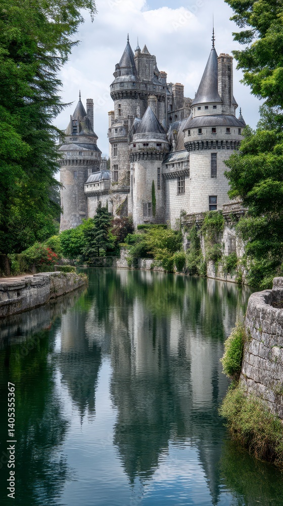 Obraz premium Medieval Castle Reflected in a Tranquil Moat