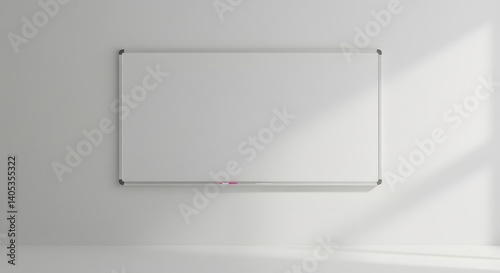 Whiteboard hanging on a white wall with sunlight shining in a room creating shadows on the wall