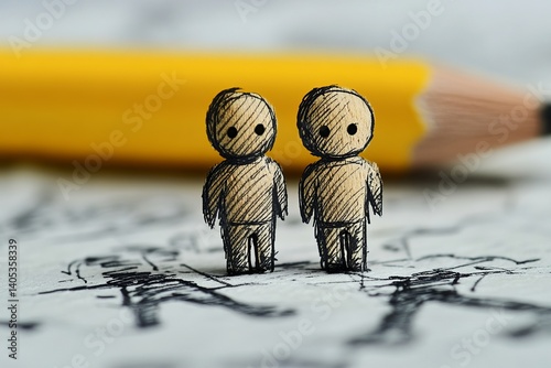 A whimsical pair of miniature figures, crafted in a charming doodle style, stand side-by-side. A bright yellow pencil rests in the background, its tip subtly out of focus.