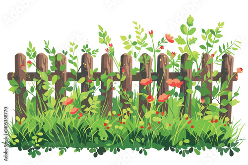 An old wooden fence painted in watercolor. A fence made of old boards on a background of green plants with pink flowers.