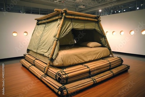 Minimalist clay bedroom with bamboo framed canopy, soft wall indent lights and neutral earth