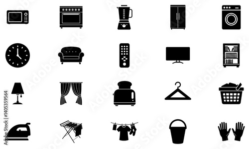 Solid icon collection featuring kitchen, laundry, living room, cleaning, and home appliances. Perfect for smart home apps, manuals, cleaning services, and real estate UI.