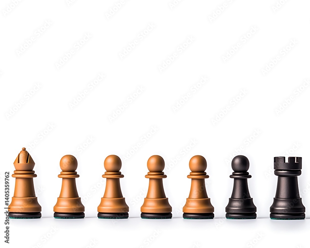 Assorted chess pieces. Strategic game elements. Pieces neatly lined up against a white backdrop Assorted chess pieces. Strategic game elements. Pieces neatly lined up against a white backdrop