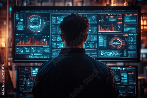 A technology expert, immersed in a futuristic command center, analyzes data displayed on multiple high-tech screens. A captivating scene of data analysis, technological advancement.