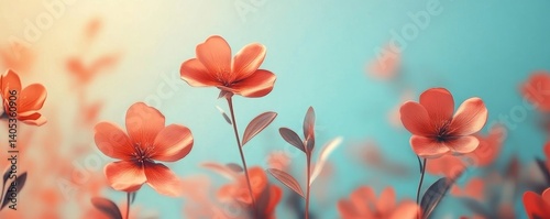 A field of delicate coral flowers bathed in soft sunlight, their petals gently swaying in a summer breeze.  The image evokes a sense of serenity and natural beauty.