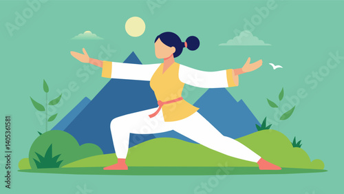 A woman practicing tai chi in a serene setting demonstrating the harmony between physical movement and mental calmness.. Vector illustration