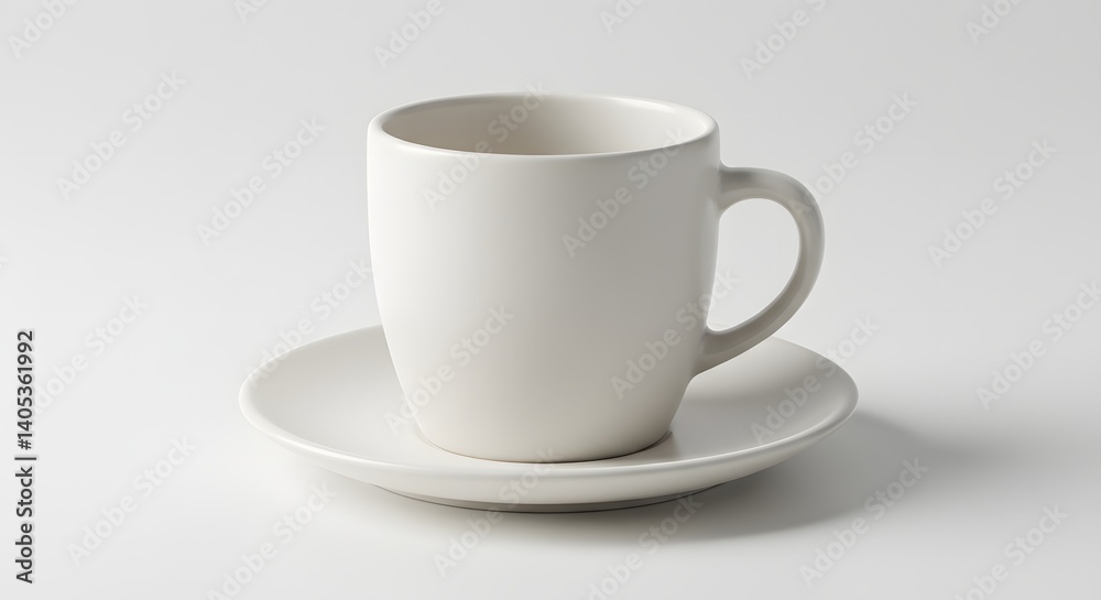 A simple white ceramic mug sitting on a matching saucer against a white background in soft lighting A simple white ceramic mug sitting on a matching saucer against a white background in soft lighting