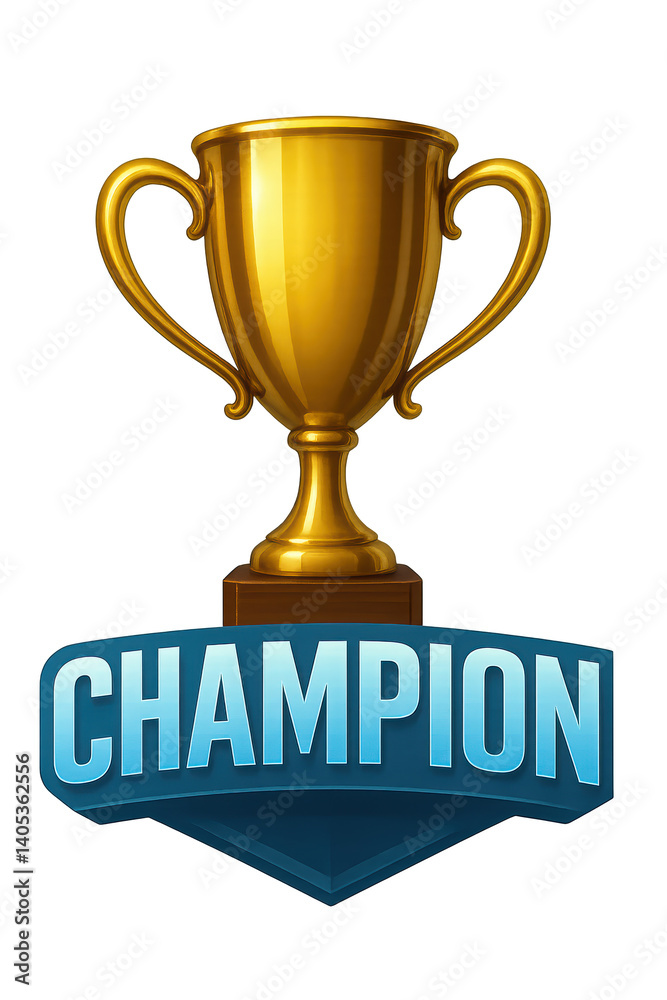 Shiny golden trophy on wooden pedestal with blue champion banner, celebrating victory on transparent background. PNG