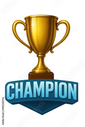 Obraz na płótnie Shiny golden trophy on wooden pedestal with blue champion banner, celebrating victory on transparent background. PNG w salonie