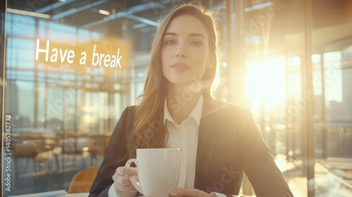 Businesswoman taking a break modern office professional portrait bright environment relaxed viewpoint empowerment concept
