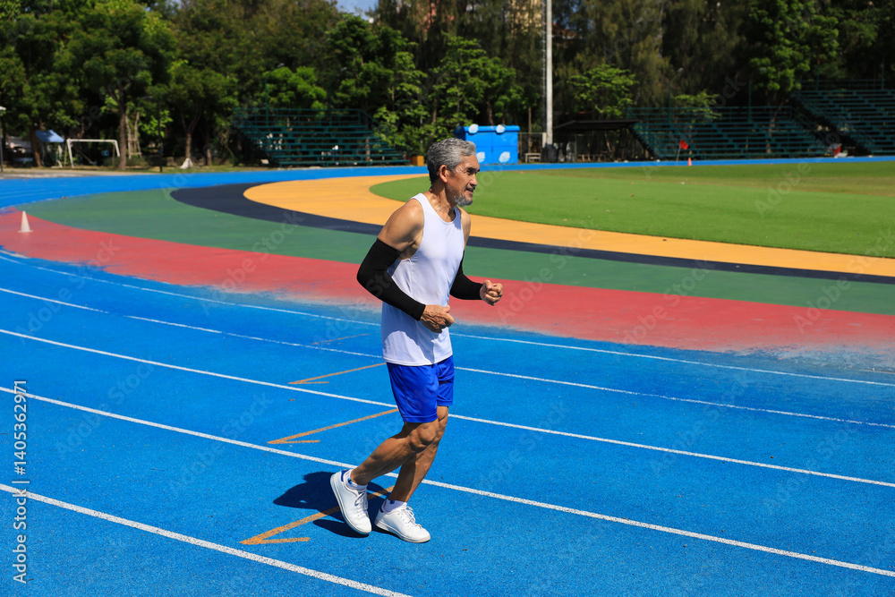 Fototapeta premium Senior Asian athlete is practicing running in the professional blue track for professional exercise, sport training workout and healthy for longevity concept